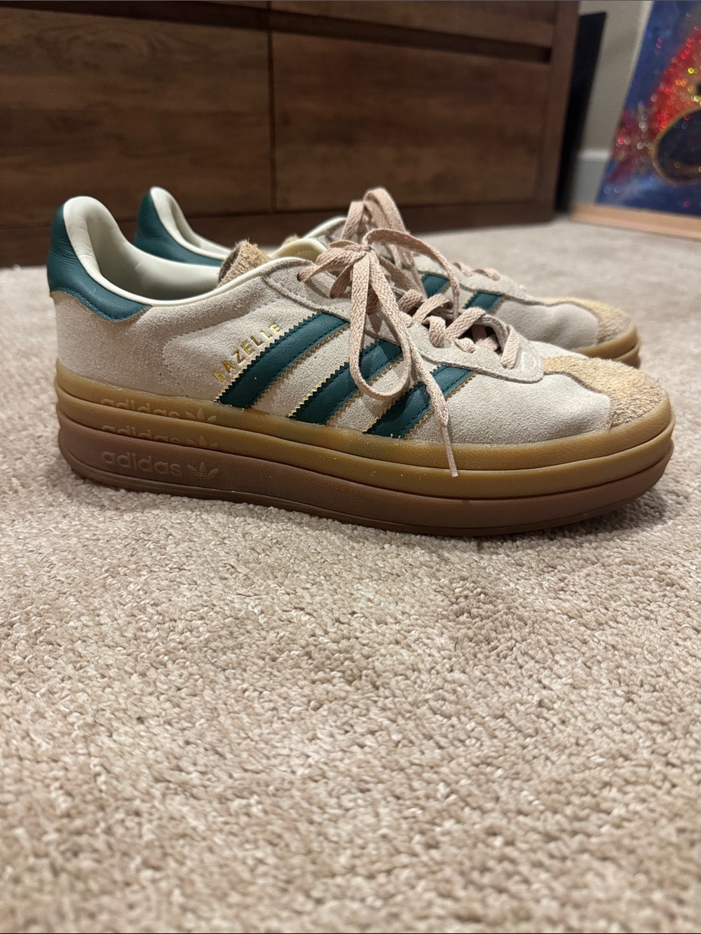 adidas Beige Suede Platform Sneakers with Green Stripes